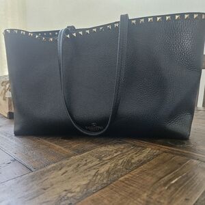 Valentino Black Leather Tote with Gold Studs
